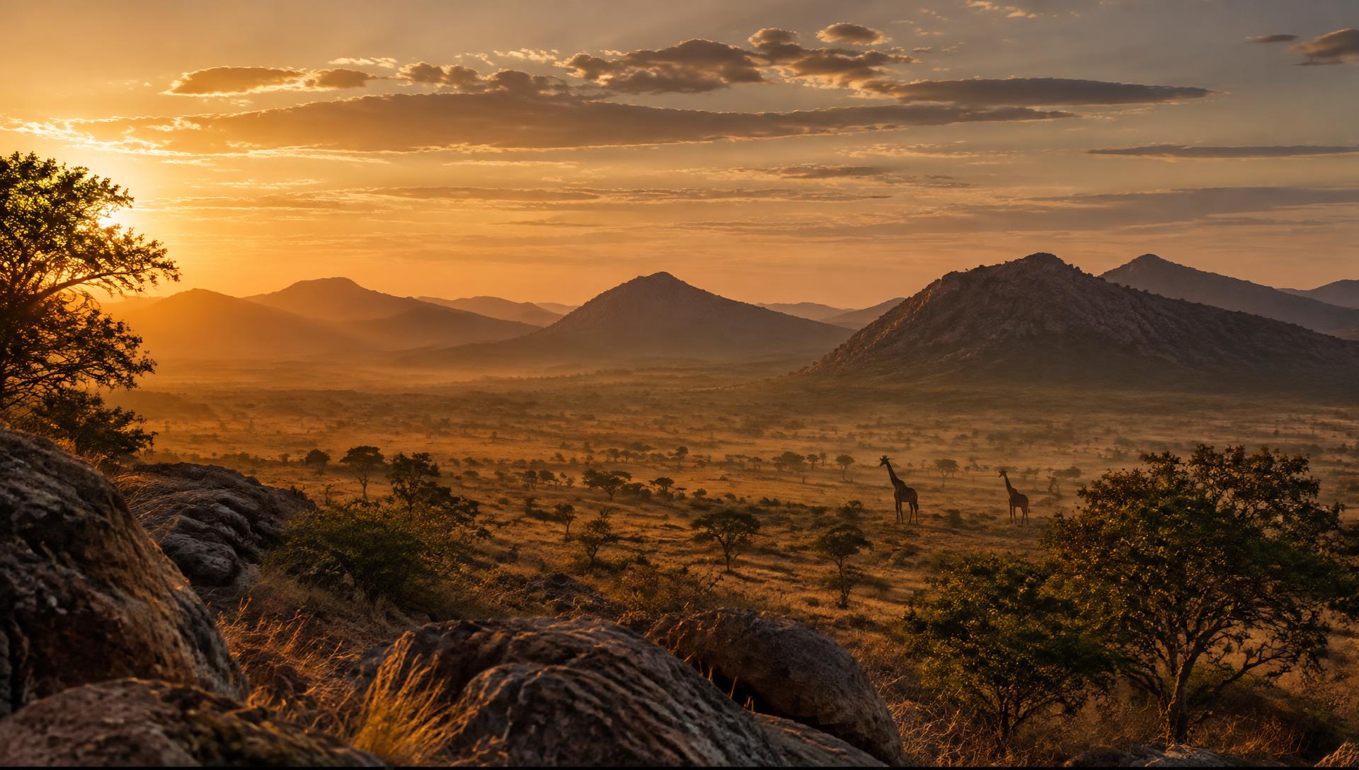 Namibian mountains at dusk with giraffes on the plain
